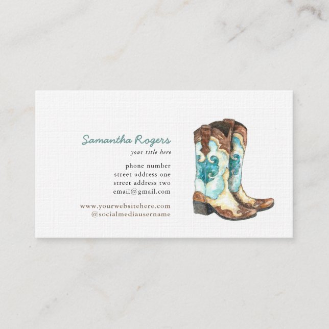 Cowgirl Boots Watercolor Painting Business Card (Front)