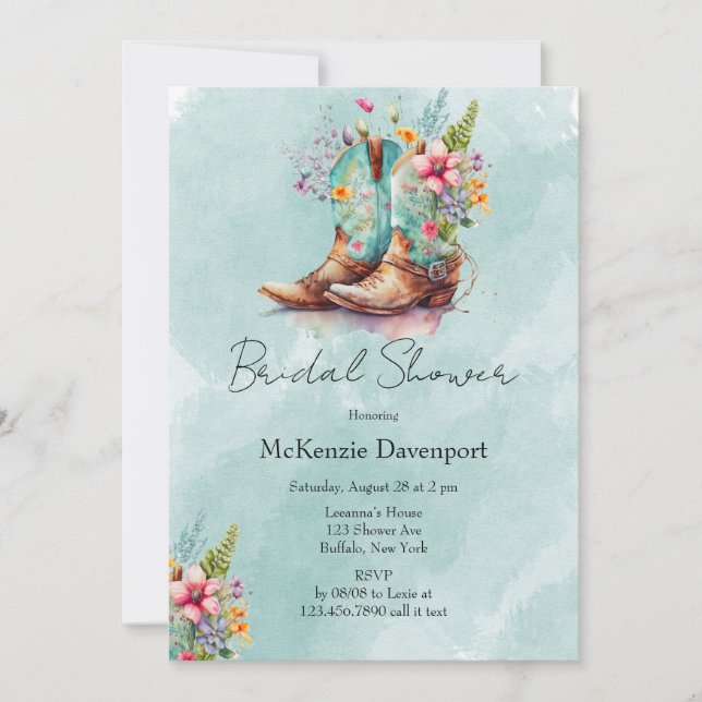 Cowgirl Boots Wildflowers Aqua Bridal Shower Invitation (Front)