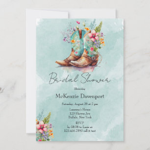 Cowgirl Boots Wildflowers Aqua Bridal Shower Invitation