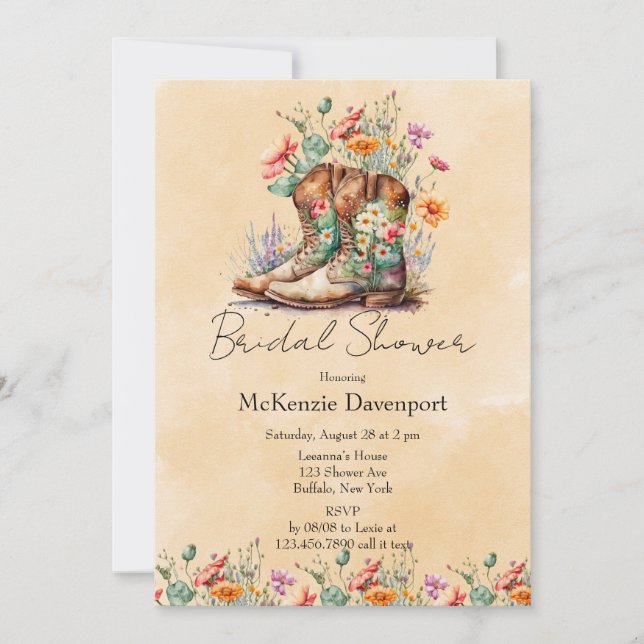 Cowgirl Boots Wildflowers Bridal Shower Invitation (Front)