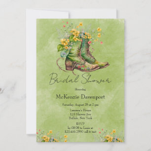 Cowgirl Boots Wildflowers Green Bridal Shower Invitation