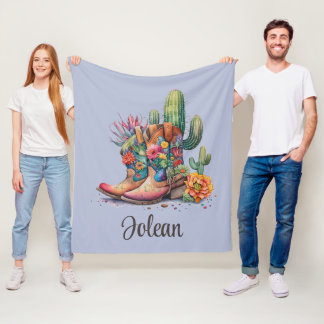 Cowgirl Boots with Cactus Blue Fleece Blanket