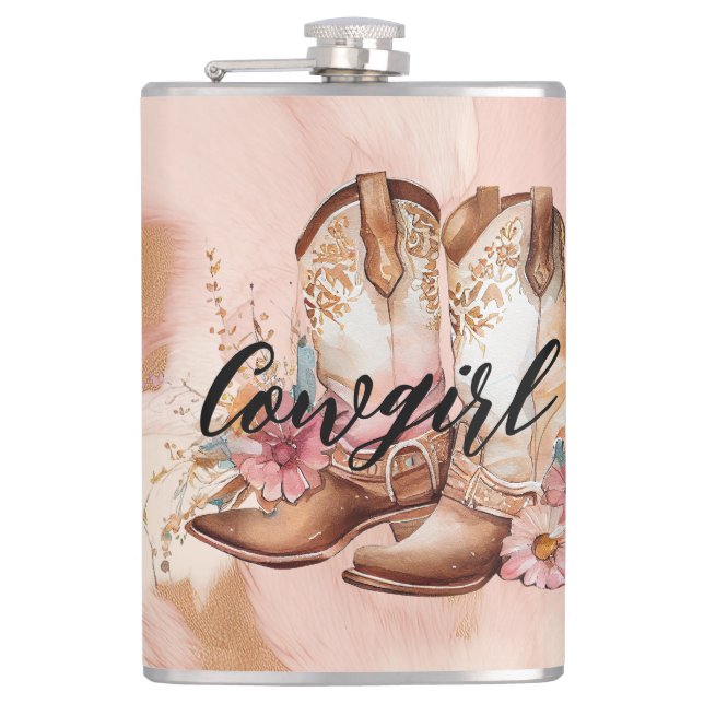 Cowgirl Brown Cowhide western Cowboy Boots Hip Flask (Front)