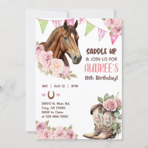 Cowgirl, brown horse, riding, girl birthday invite