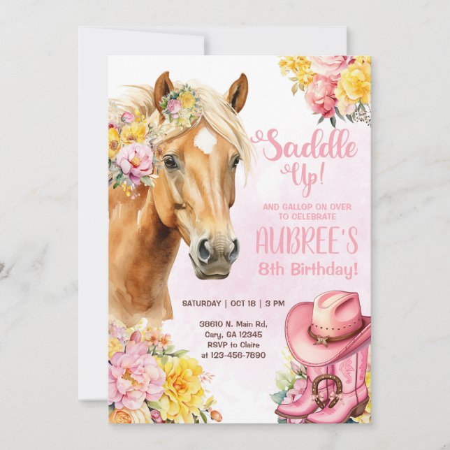 Cowgirl, brown horse, saddle up birthday invite. invitation (Front)