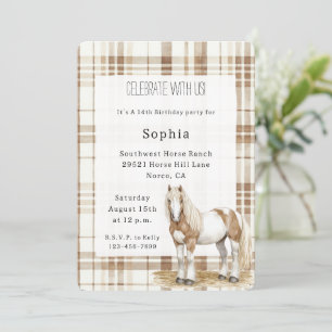 Cowgirl Brown Plaid Stripes Horse Birthday Invitation