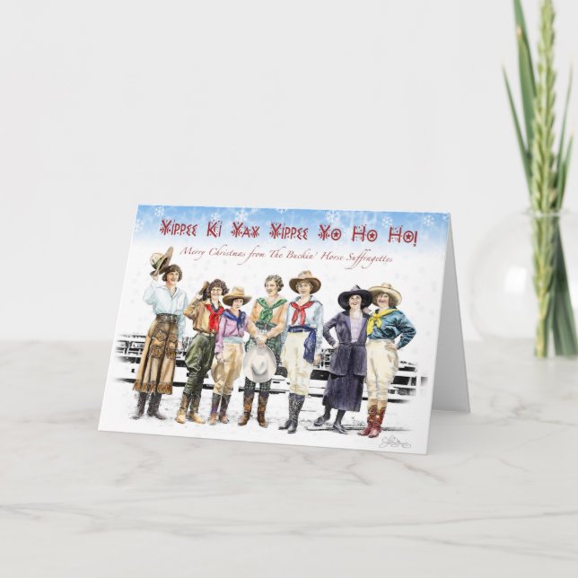 Cowgirl Buckin' Horse Suffragette Christmas Holiday Card (Front)