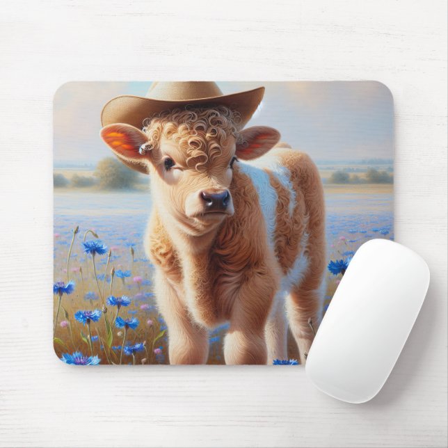 Cowgirl Calf In Pasture With Cornflowers Mouse Mat (With Mouse)