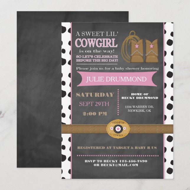 Cowgirl Chalkboard Baby Invitation in Pink (Front/Back)