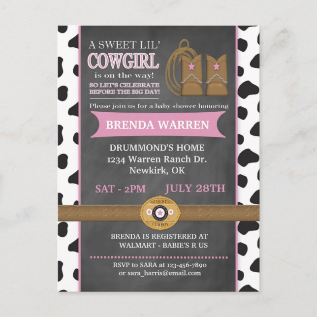 Cowgirl Chalkboard Baby Shower Invitation Postcard (Front)