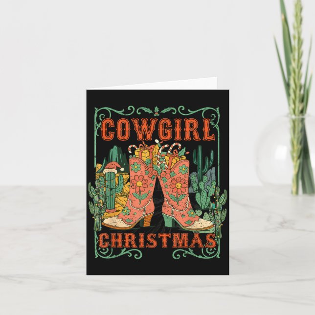 Cowgirl Christmas Boots Cactus Retro Western Holid Card (Front)