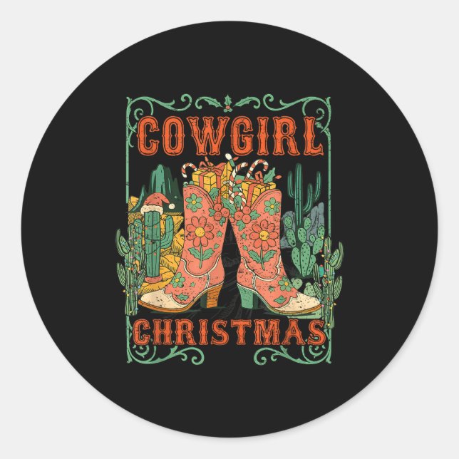 Cowgirl Christmas Boots Cactus Retro Western Holid Classic Round Sticker (Front)