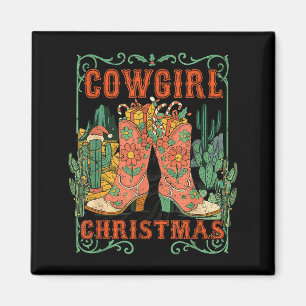 Cowgirl Christmas Boots Cactus Retro Western Holid Magnet