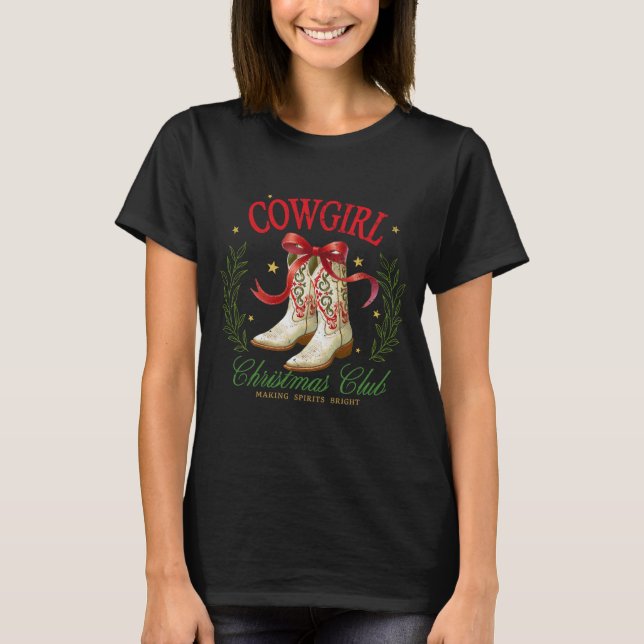 Cowgirl Christmas Club Cowboy Boots Wreath Stars T-Shirt (Front)