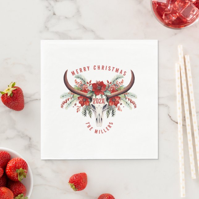 Cowgirl Christmas Floral Bull Sugar Skull Napkin (Insitu)