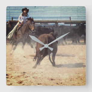 Cowgirl Corral Separating Cattle Western Square Wall Clock