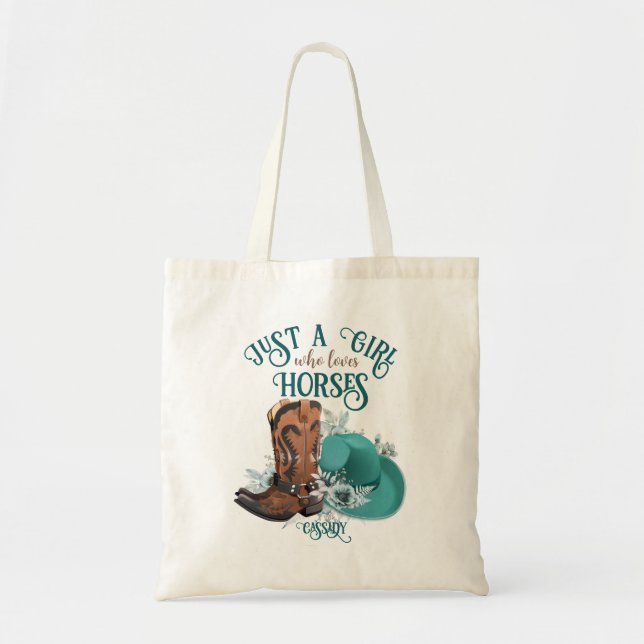 Cowgirl cowboy boots hat Girl Love horses name Tote Bag (Front)