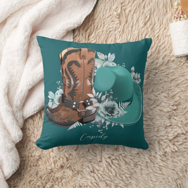 Cowgirl cowboy boots hat turquoise brown name cushion (Blanket)