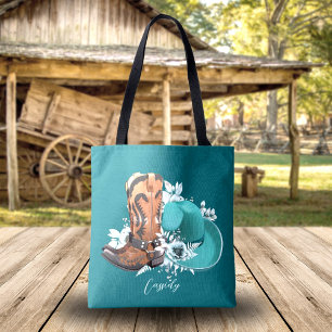 Cowgirl cowboy boots hat turquoise brown name tote bag