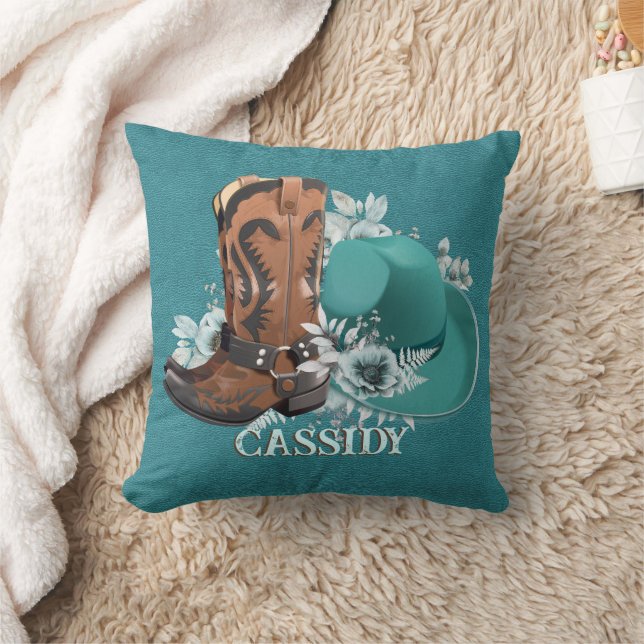 Cowgirl cowboy boots hat turquoise leather name cushion (Blanket)
