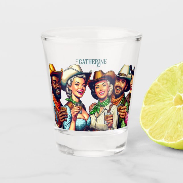 Cowgirl Cowboy Friends Drinking Shots Custom  Shot Glass (Front)