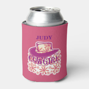 Cowgirl Cowboy Hat Flowers Pink/Name Judy Can Cooler