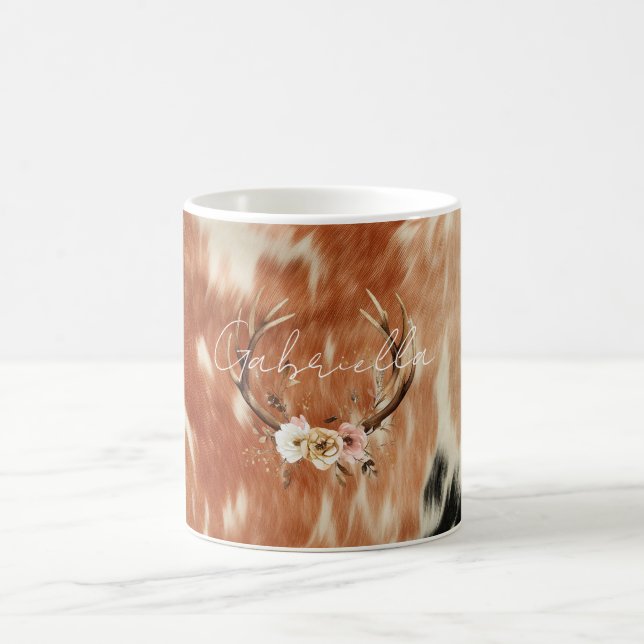Cowgirl Cowhide Floral Deer Antlers Coffee Mug (Center)