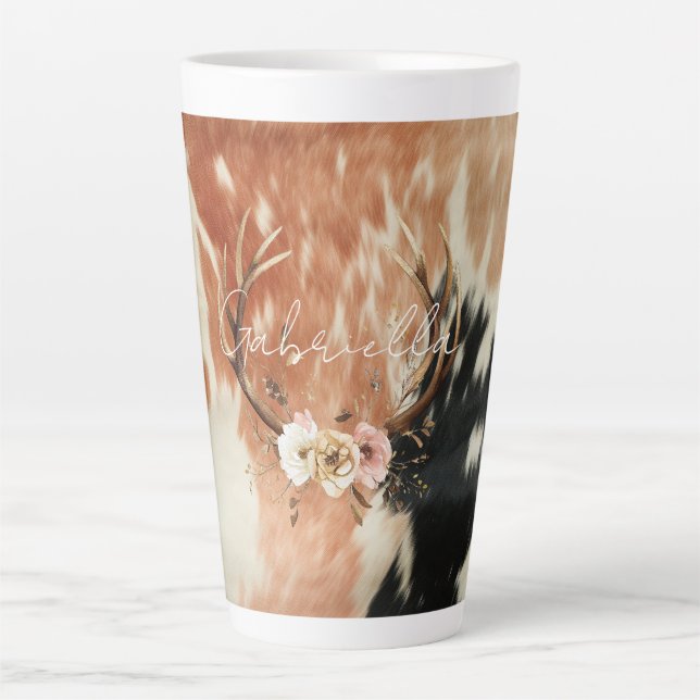 Cowgirl Cowhide Floral Deer Antlers Latte Mug (Front)