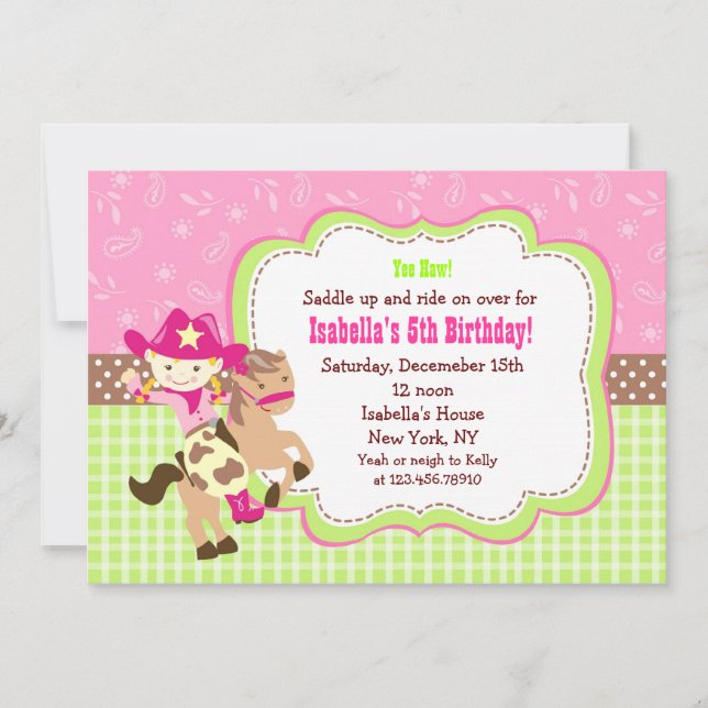 Cowgirl Custom Birthday Party Invitations (Front)