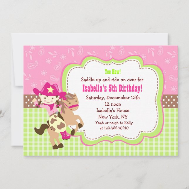 Cowgirl Custom Birthday Party Invitations (Front)