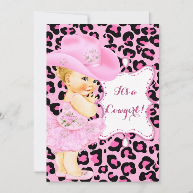 Cowgirl Cute Baby Shower Pink Leopard Girl Blonde Invitation (Front)