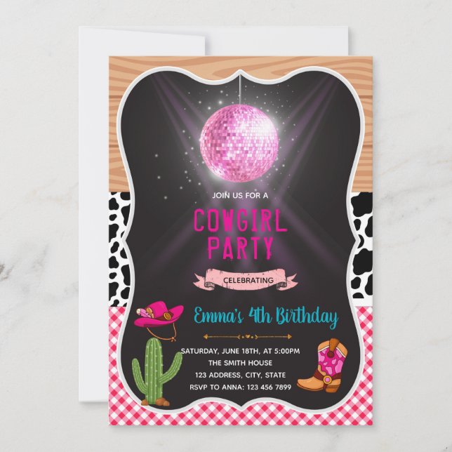 Cowgirl dance birthday party invitation (Front)