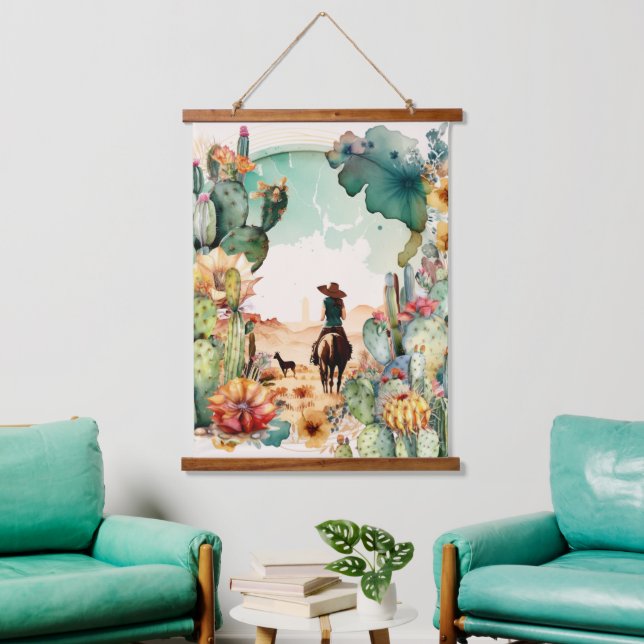 Cowgirl desert ride watercolor cactus western  hanging tapestry (Living Room)