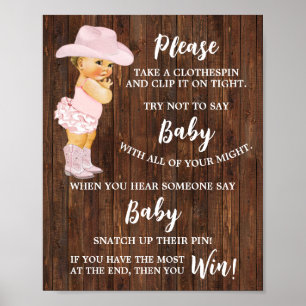 Cowgirl Don't say Baby Clothespin Baby Shower Game Poster