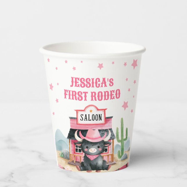 Cowgirl First Rodeo Highland Cow Kids Birthday Paper Cups (Front)
