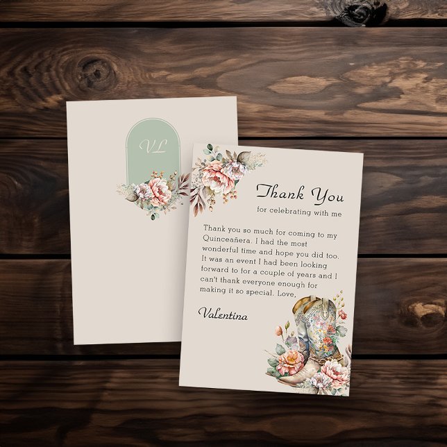 Cowgirl Floral Boots Rustic Boho Thank You Card (Monogrammed Thank you Card from my Boho Floral Cowgirl Boots Quinceanera Collection
)