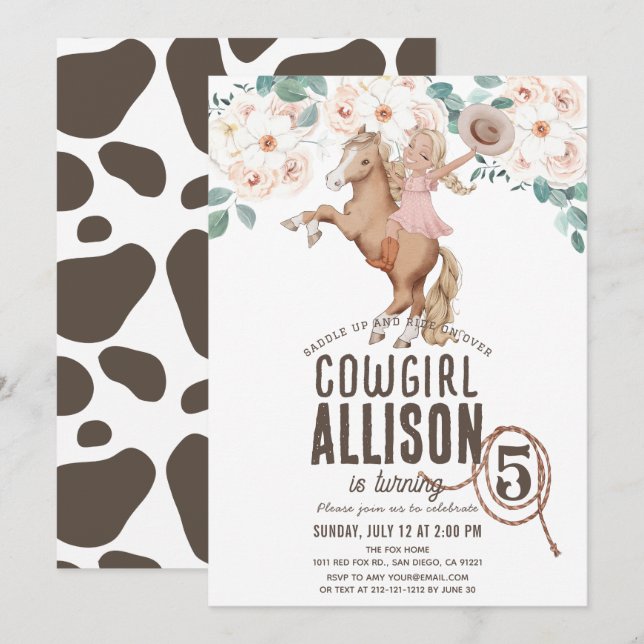 Cowgirl Floral Rodeo Western Pony Ride Birthday Invitation (Front/Back)