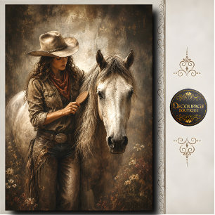 Cowgirl Grooming White Horse Western Portrait Art Tissue Paper