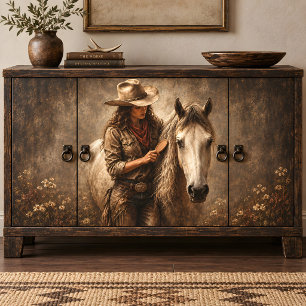 Cowgirl Grooming White Horse Western Portrait Art Tissue Paper