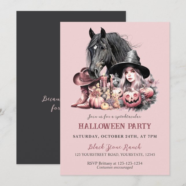 Cowgirl Halloween horse pink black girly Invitation (Front/Back)