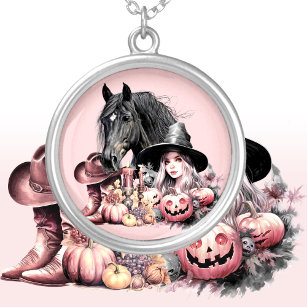 Cowgirl Halloween horse pink black girly Silver Plated Necklace