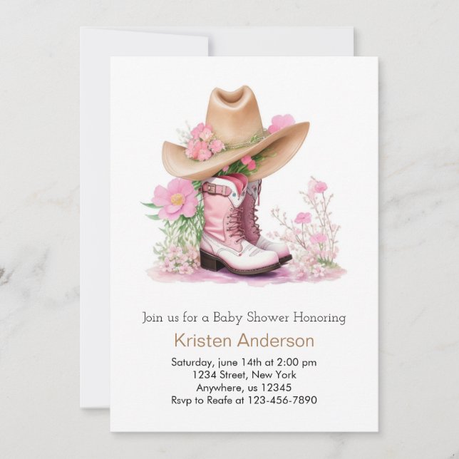 Cowgirl Hat and Boots Watercolor Dream Baby Shower Invitation (Front)