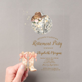 Cowgirl Hat Boots Disco Ball Lace Retirement  Acrylic Invitations