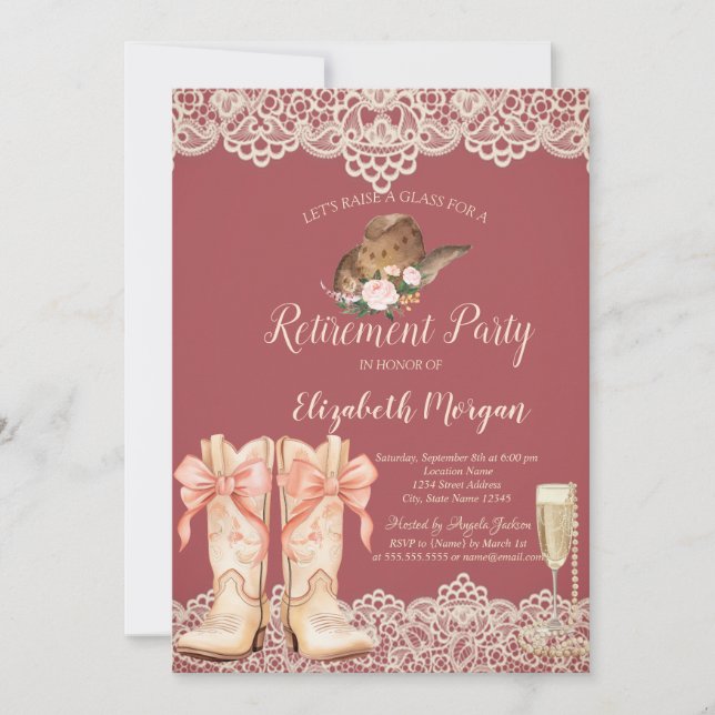 Cowgirl Hat Boots Lace Retirement Invitation (Front)