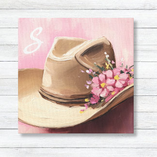 Cowgirl Hat Canvas with Pink Wildflowers Monogram Print