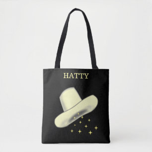Cowgirl Hat Cartoon Image & Stars on Black Tote Bag