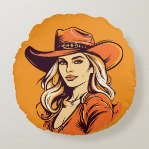 Cowgirl Hat Woman Illustration Round Cushion