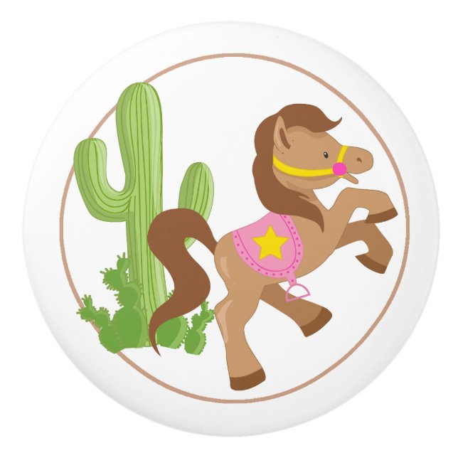Cowgirl Horse and Cactus Ceramic Knob (Front)