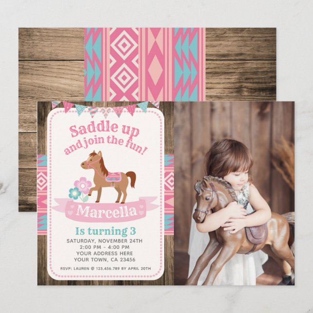 Cowgirl, Horse Birthday Invitation with Photo (Front/Back)