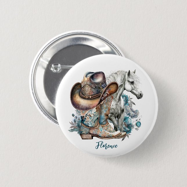 Cowgirl horse cowboy boots hat floral western  6 cm round badge (Front & Back)
